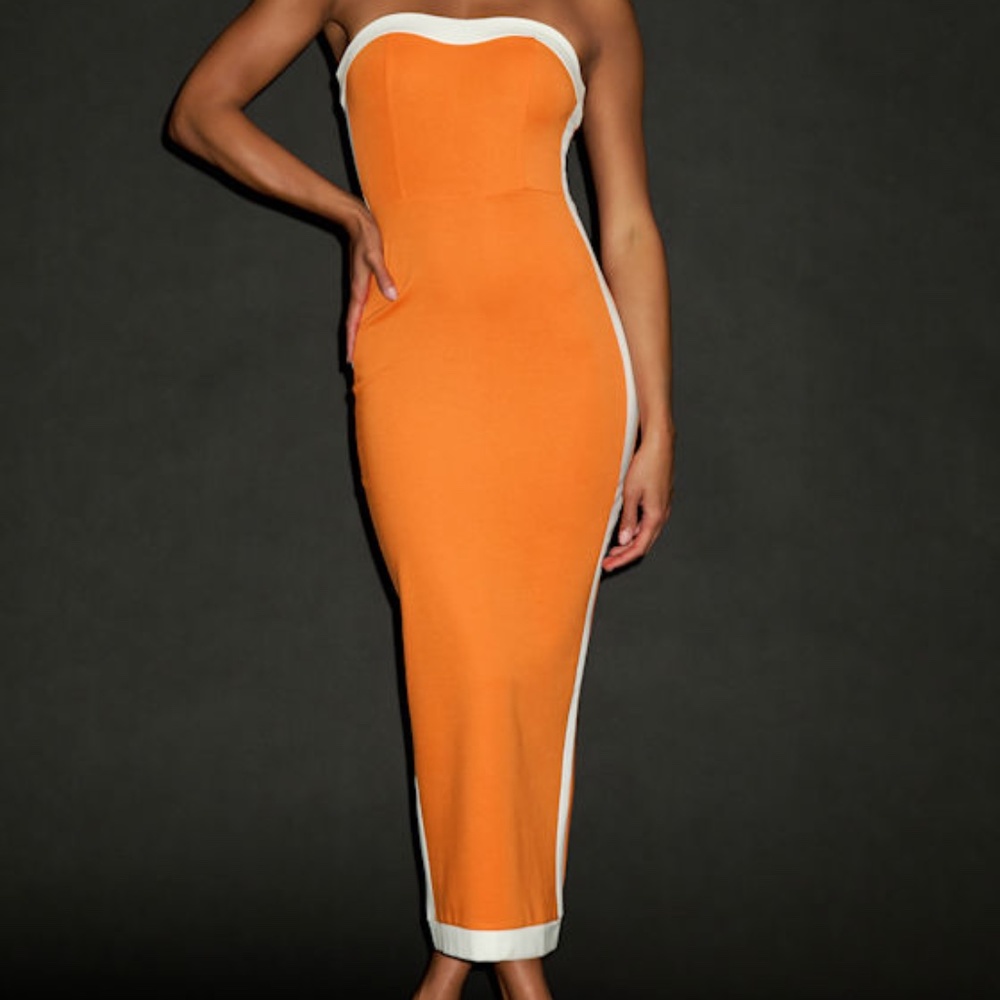Lulus Impressive Edge Orange Color Block Strapless Midi Dress - Size M